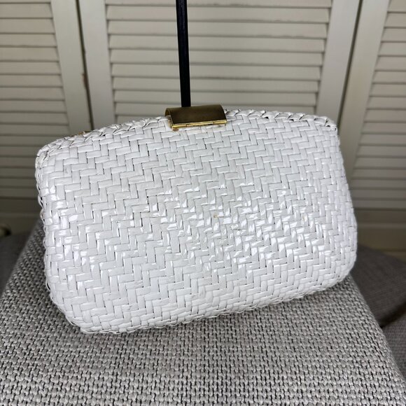 Vintage RODO Italy White Glazed Wicker Woven Evening Bag Clutch Leather Lined - Picture 3 of 8